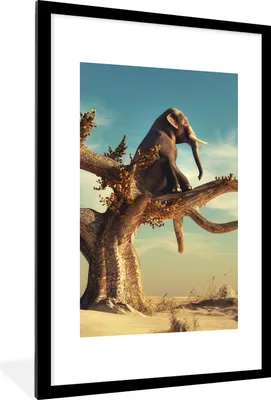 Produktbild von MuchoWow® Gerahmtes Poster Elefant - Baum - Natur - Wüste 60x90 cm - Poster mit Schwarzem Bilderrahmen Wandposter Rahmen Foto Bilder - Dekoration - Wandposter Wohnzimmer - Hochwertig