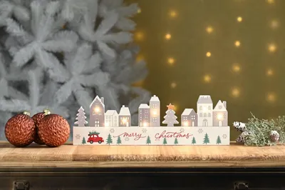 Holz-Weihnachtsdorf mit LED, 38 cm, Tischdeko