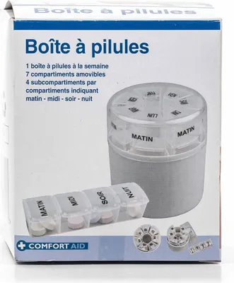Produktbild von Medikamentendosierer / Pillenbox von Comfort Aid, 7 Tage einzeln entnehmbar, 4 Fächer, beschriftet, Französisch