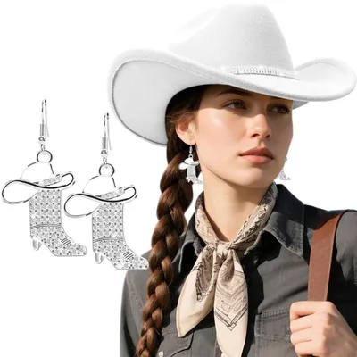 Immagine prodotto di Cappello Fedora con tesa larga e orecchini da donna, colore bianco, con fascia decorata con strass e orecchini a forma di stivali