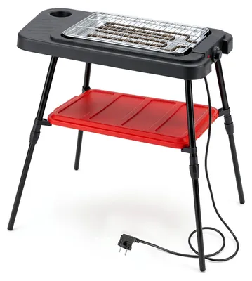 Immagine prodotto di KOMFOTTEU Griglia da pavimento da 2000W, griglia elettrica 2 in 1 con supporto regolabile in altezza, griglia per balcone con ampia superficie di cottura e ripiano, griglia da tavolo con regolatore di temperatura, griglia per barbecue per giardino e balcone