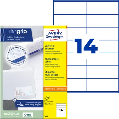 Produktbild von Avery Zweckform 3477, Universal-Etiketten, A4, Qualitätsdruck mit: ultragrip, 105 x 41 mm, 1.400 Etiketten / 100 Bögen, weiß
