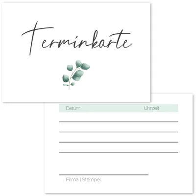Produktbild von Blanko Terminkarten (50 Stück) für Nagelstudio, Friseur, Massage, Kosmetik, Physiotherapeut | Eukalyptus