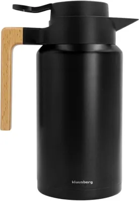 A black thermos jug with a wooden handle is shown against a white background.