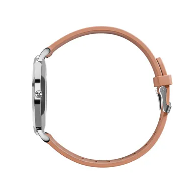 A side view of a pink smartwatch with a silver casing.