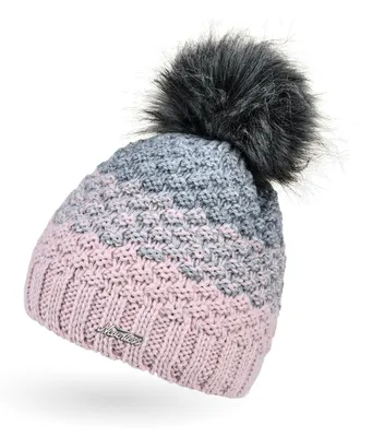 Zdjęcie produktu dla Damska czapka dziewiarska, ocieplana, z podszewką z polaru, z pomponem z futra, sztuczne futro, zimowa czapka, czapka z pomponem, grubo dzianina, wielokolorowa, Neverless®, różowo-szara