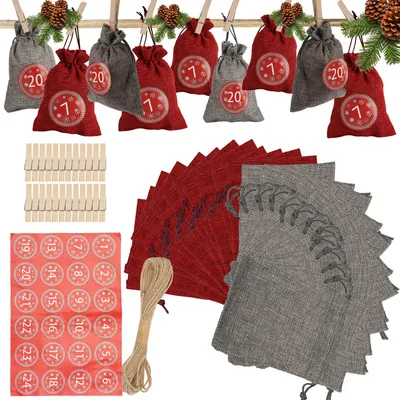 Produktbild von Jopassy 24 Adventskalender zum Befüllen, Stoffbeutel Geschenksäckchen Weihnachten für Weihnachtskalender, Adventskalender Säckchen mit 1-24 Adventszahlen Geschenkanhänger Kraftpapier,Rot/Grau