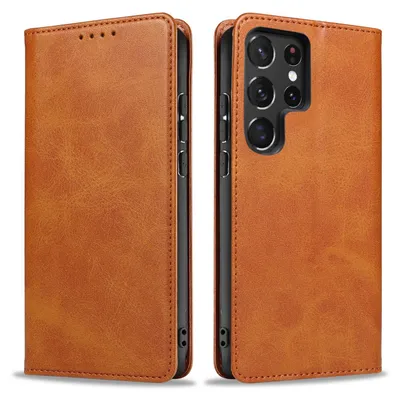 Produktbild von Handyhülle für Samsung Galaxy S23 Ultra Kunstleder Flip Cover Hülle Klapphülle Case Kartenfach Farbe: Hellbraun