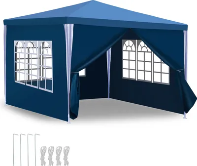 A blue gazebo with four side panels, two of which have arched windows. The gazebo is shown from a front-diagonal angle with the sides open.