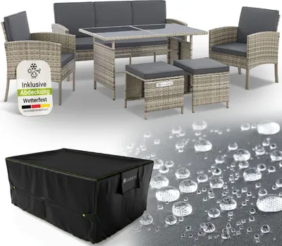 Produktbild von Juskys Polyrattan Gartenmöbel Sitzgruppe Turin Set 6 teilig inkl. Abdeckung - Outdoor Möbel grau-meliert