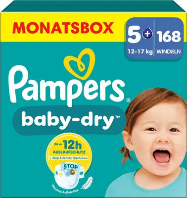 A box of Pampers Baby-Dry diapers with a baby's face on it.