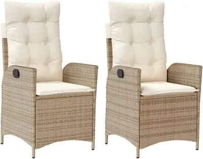 Produktbild von 2er-Set Gartensessel mit verstellbarer Rückenlehne, beige, aus Poly-Rattan, mit Kissen und abnehmbaren Bezügen sowie pulverbeschichtetem Stahlrahmen