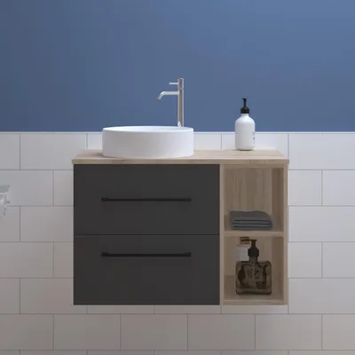 Image de Meuble Salle de Bain Suspendu avec Lavabo, Meuble 2 Tiroirs 79cm, Lavabo céramique blanche