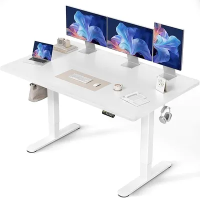 Image de Bureau réglable en hauteur 160 x 80 cm (®), capacité de charge de 80 kg. Bureau réglable en hauteur avec 2 crochets et 3 fonctions de mémoire, bureau debout avec moteur silencieux pour le télétravail, couleur blanche