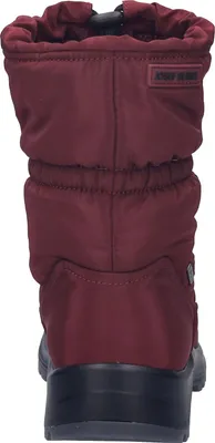 The back view of a burgundy snow boot.