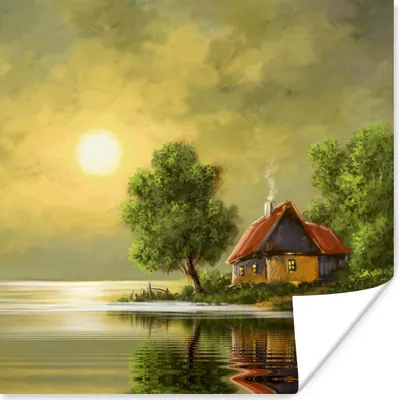 Produktbild von MuchoWow® Poster Gemälde - Ölfarbe - Haus - Natur - Wasser 50x50 cm - Wohnzimmerdekoration