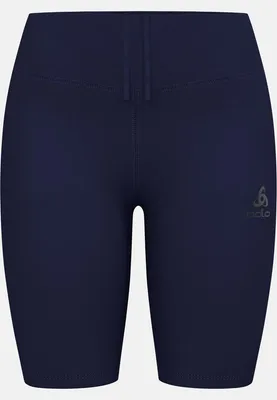 Dunkelblaue kurze Lauftights mit Kordelzug und Odlo-Logo auf dem linken Bein