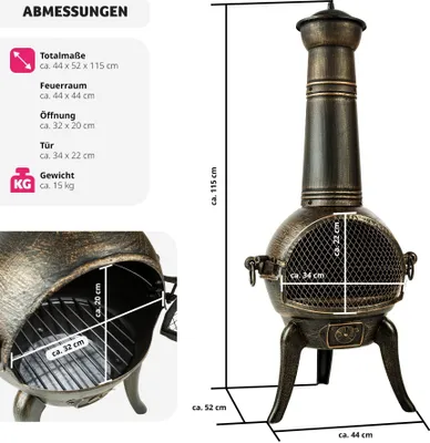 Produktbild von Tectake Terrassenofen Gusseisen grau, ca. 44x52x115 cm, Antik-Look, 15 kg, verschließbare Tür mit Funkenschutzgitter, Luftzufuhrregulierung, herausnehmbarer Gitterrost, abnehmbare Schornsteinabdeckung, inkl. Grillrost & Schürhaken.
