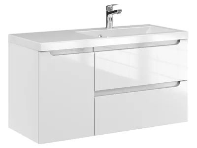 Produktbild von Furni Badunterschrank 90 cm D P Weiß Hochglanz lackiert – Vormontierter Waschbeckenunterschrank mit Griffmulde, Hängend, 2 Schubladen