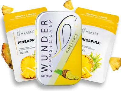 Produktbild von Wunder Zahnstocher mit Geschmack - 300er Vorratspack Ananas - anhaltender Geschmack - frischer Atem - gegen Nägelkauen - Alternative zu Kaugummi