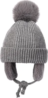 Produktbild von Kindermütze, dicke Wollstrickmütze mit Bommelverzierung, verlängerten Ohrenklappen, Fleecefutter, warme Wintermütze