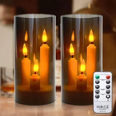 Produktbild von Flammenlose LED Kerzen Outdoor 3-in-1 Set mit Fernbedienung & Timer, 2er Pack Rauchgrau Acryl 7,5×15 cm, Dreidocht LED Stumpenkerzen flackernd, batteriebetriebene Deko für Zuhause & Hochzeit