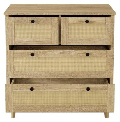 Produktbild von Kommode 4 Schubladen Rattan Holzbeine Aufbewahrungsschrank Schlafzimmer Wohnzimmer