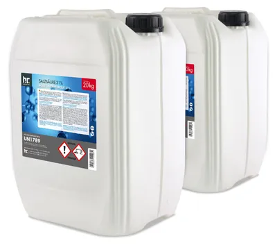 Two white plastic containers of hydrochloric acid are shown side-by-side against a white background.