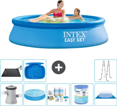 Produktbild von Intex runder aufblasbarer Easy Set-Schwimmpool – 244 x 61 cm – Blau – inklusive Pumpe Sonnensegel - Wartungspaket - Filter - Bodenplane - Solarmatte - Leiter