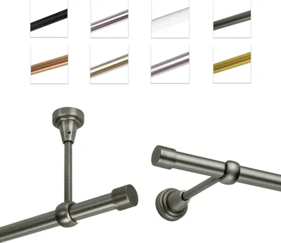 A collage showing different finishes of a curtain rod and close-ups of mounting hardware.