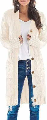 Produktbild von ASKSA Damen Langarm Strickjacke Strick Mantel Zopfstrick Sweater mit Knopfleiste und Taschen, Beige, XL