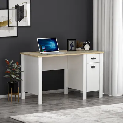 Produktbild von HOMIDEA TEDDY Schreibtisch - Computertisch - Workstation mit Schublade und Stauraum mit Tür im modernen Design für Home Office oder Kinderzimmer (Weiß/Eiche)