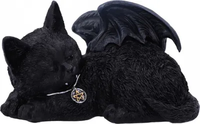 Produktbild von Schlafende schwarze Katze mit Vampirflügel 18cm als Gothic Deko