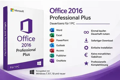 Produktbild von Microsoft Office 2016 Professional Plus | Dauerlizenz für 1 PC | Word, Excel, PowerPoint, Outlook, Access, Publisher | Sofortiger Download