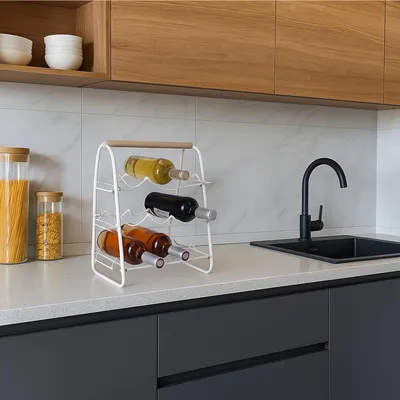 Produktbild von Weinregal aus Metall mit Holzgriff Platz für 9 Flaschen