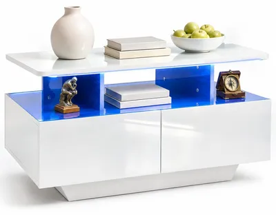 Productafbeelding van COSTWAY Moderne salontafel met LED-verlichting, woonkamertafel met 4 lades en opbergruimte, salontafel met afstandsbediening, bijzettafel, 90x55x45,5 cm