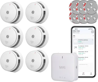 Produktbild von SAVS LinkSmart Intelligenter Rauchmelder-Bundle ohne Bohren - 6 S10-W Rauchmelder und G10 Basisstation - Mit Magnetbefestigung - Funktioniert über App