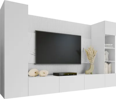 Produktbild von MIRJAN24 Wohnwand Deromi IV, Wohnzimmer Möbel Set, Griffloses Öffnungssystem push to open, 4er-Set (Farbe: Weiß / Weiß + Weiß Marmor)