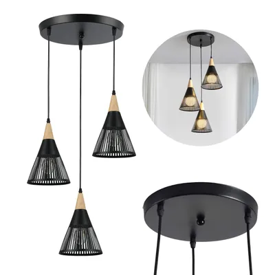 Zdjęcie produktu dla Lampa wisząca MasterLED Hira 3 źródła światła E27 - czarna i drewniana, lampa wisząca w stylu vintage do jadalni, kuchni, salonu