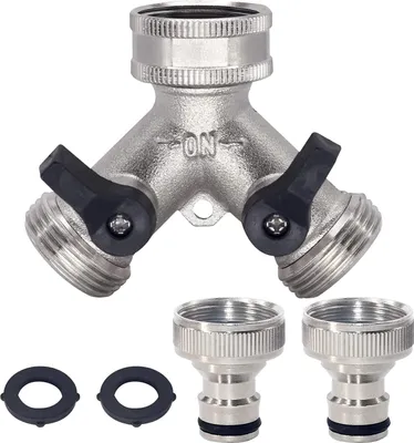 A product shot of a Y-shaped hose splitter with two shut-off valves, and two additional hose adapters and two rubber washers.