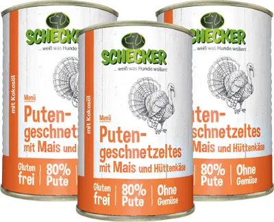 Produktbild von 3 x 410 g - Schecker Hundemenü Nassfutter - Putengeschnetzeltes mit Mais, Hüttenkäse und Kokosöl