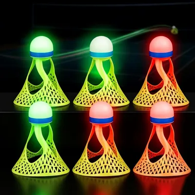 Produktbild von Leucht Federball LED Badminton Set 6 Stück, für Nachtspiel & Garten, stabile Flugbahn, langlebige Nylon Federbälle