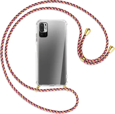 Produktbild von Handykette Backcover-Schutzhülle mit Band (Metall goldfarben) für Xiaomi Redmi Note 10 5G - weinrot/gelb/grau