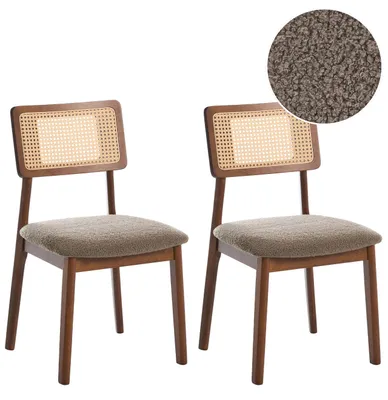 Produktbild von BELIANI Esszimmerstühle 2er Set Braun u. Taupe Bouclé Gummibaumholz Wiener Geflecht Stoffsitze Ohne Armlehnen Retro Stil Esszimmer Holzstühle