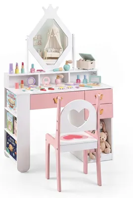 Produktbild von COSTWAY Kinder Schminktisch mit Spiegel, Kinder Frisiertisch mit Stuhl, 3 Schubladen, Fächern, Prinzessin-Kosmetiktisch für Kinderzimmer, Weiß + Rosa