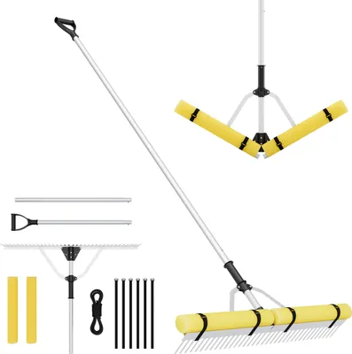 Immagine prodotto di COSTWAY Rasta galleggiante per laghi con testa a 36 rebbi, manico allungabile regolabile, galleggianti in schiuma, corda da 600 cm, pieghevole 230x92 cm
