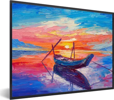 Produktbild von MuchoWow® Gerahmtes Poster Malerei - Boot - Ölfarbe - Wasser 40x30 cm - Poster mit Schwarzem Bilderrahmen Wandposter Rahmen Foto Bilder - Kunstposter - Wanddekorationen