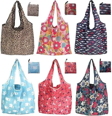 Produktbild von PolkaHome® 6 Stück Wiederverwendbare Einkaufstaschen, Umweltfreundliche Faltbare Tragetaschen, 6 Stile Große Schwere Waschbare Taschen,
