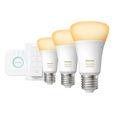 A set of Philips Hue smart lights and a bridge are displayed against a white background.