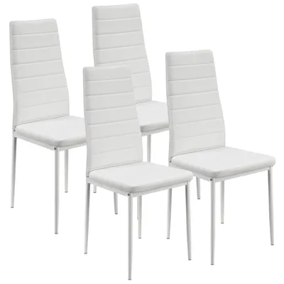 A set of four white dining chairs arranged on a white background.